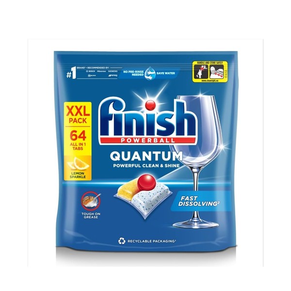 قرص ماشین ظرفشویی فینیش مدل کوانتوم powerful clean & shine بسته 64 عددی با رايحه ليمو